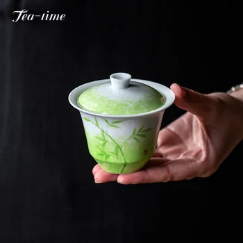 120ml Underglaze Color Brass Green Glaze Ceramic Tea Tureen Handpainted Bamboo Cover Bowl with Lid Hand Grab Bowl Kung Fu Teaset