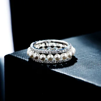 Megin D 14K Baltuoju auksu užpildyti kelių perlų tuščiaviduriai prabangūs krištolo derliaus boho karališki žiedai moterims Vestuvių poros dovanų papuošalai