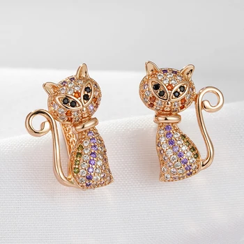 Wbmqda Nauja mada 585 Rožinio aukso spalvos mielos katės formos auskarai moterims Spalvingas cirkono nustatymas Neįprasti gyvūnų ausų lašų papuošalai