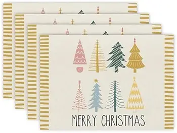 Linksmų kalėdinių placematų 12 x 18 colių rinkinys iš 4 spalvingų eglučių formų žiemos linksmų Kalėdų snaigės atostogų stiliaus dekoro