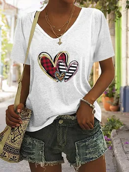 Meilės marškinėliai moterims V formos kaklo trumpomis rankovėmis 3D spausdinti trikotažai Paprasti moteriški marškinėliai Oversized drabužiai Casual Summer Ladies Tops