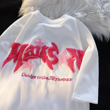 Cartoon 3D Letter Flocking Siuvinėjimas Hip Hop marškinėliai Unisex Kawaii Trišakiai Pure Cotton Trumpomis rankovėmis Summer Tops Streetwear Casual