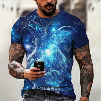 3D atspausdinti dvylikos žvaigždyno raštų marškinėliai vasariniai trumpomis rankovėmis apvaliu kaklu linksmi madingi laisvalaikio vyriški marškinėliai