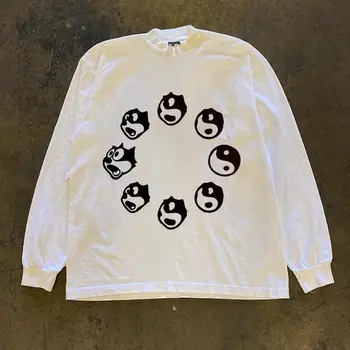 amerikietiško stiliaus retro įdomus Tai Chi užmaskuotas katinas Spausdinti marškinėliai ilgomis rankovėmis vyrams ir moterims Mados tendencijos gatvės drabužių viršus