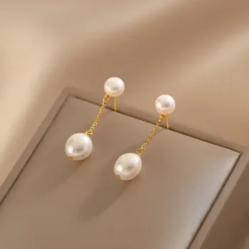 Minar elegantiški tikri gėlavandenių perlų kablio auskarai moterims Paauksuoti variniai ilgos grandinės kutai Auskarai Vakarėlio papuošalai