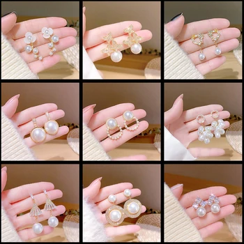 S925 Sidabrinis smeigtukas Madingi saldūs perlų auskarai su deimantiniais geometriniais auskarais mergaitėms, turinčioms daug temperamento