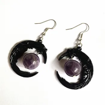 gotikiniai juodo mėnulio violetiniai krištolo pakabukų auskarai Paslaptingas magiškas raganos stilius Makabriškas moterų vakarėlis Amuleto dovana
