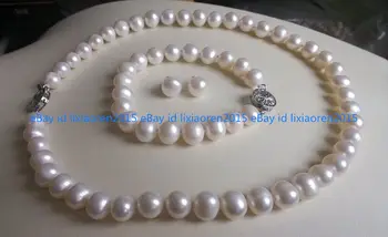 9-10MM Baltų gėlavandenių kultivuotų perlų karolių apyrankių auskarų rinkinys