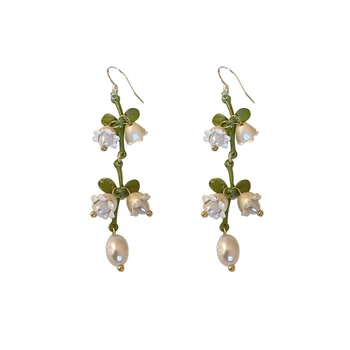 Perlų balta lelija slėnyje Augalų auskarai Sen Retro Net Raudoni mažų gėlių auskarai Prancūziški saldūs moteriški ausų papuošalai 97QE