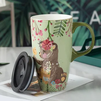 560ml Rankomis dažytas puodelis Didelės talpos keraminis puodelis su dangčiu Kavos puodelis Biuro namai Pora dovanų karšto baliono paukščių saulėgrąžos