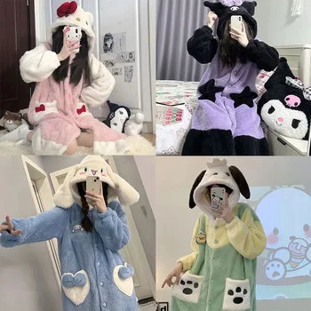 Sanrio Mano melodija Kuromi žieminių pižamų rinkinys moterims Sutirštinkite šiltą animacinį filmą Hello Kitty Pyjama Long Pant Coral Fleece Miego drabužiai