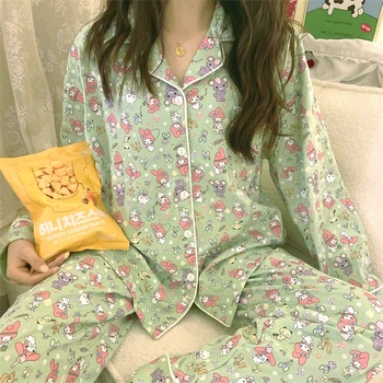 Mada Sanrio Anime Moteriškos pižamos Kuromi Melody Cinnamoroll Kelnės Ong-Sleeveed Ladies Suit Loungewear Home Naktiniai drabužiai Dovanos