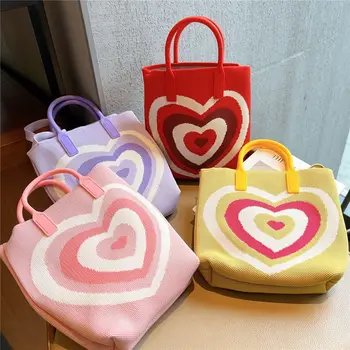 Love Heart Woven Handbag Women Sweet Crossbody Bag Student Casual Shoulder Bag Large Capacity Tote Bag
